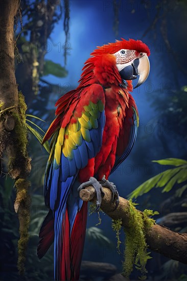 Scarlet macaw sitting on a tree branch against green jungle canvas, AI generated