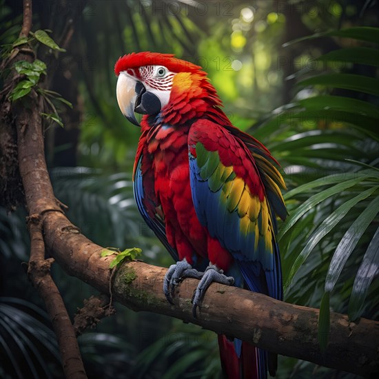 Scarlet macaw sitting on a tree branch against green jungle canvas, AI generated