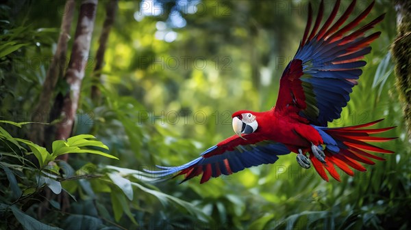 Scarlet macaw in mid flight against green jungle canvas, AI generated
