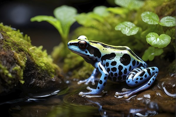 Poison dart frog adorned in bright vivid hues sitting near a moss covered rock, AI generated