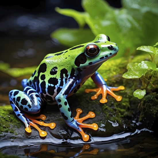 Poison dart frog adorned in bright vivid hues sitting near a moss covered rock, AI generated