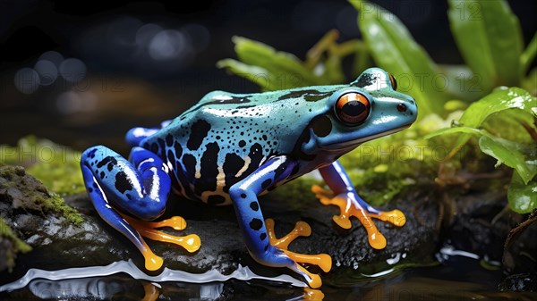 Poison dart frog adorned in bright vivid hues sitting near a moss covered rock, AI generated