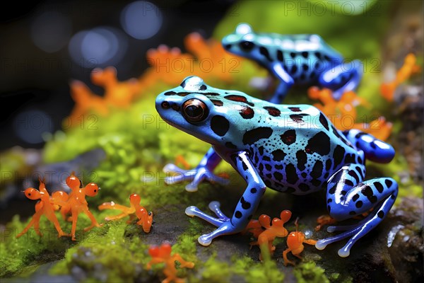 Brightly colored poison dart frogs converging around a translucent stream, AI generated