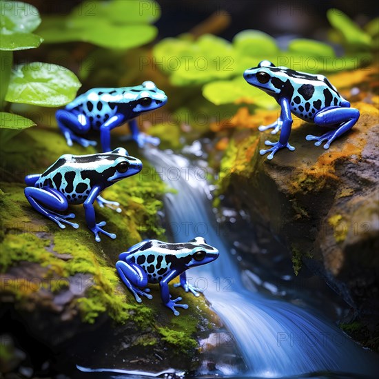 Brightly colored poison dart frogs converging around a translucent stream, AI generated