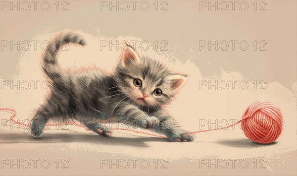 A playful kitten with grey fur reaches for a ball of yarn in a pastel-colored painting AI generated