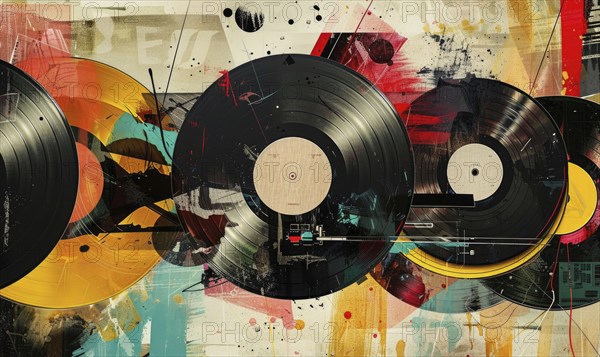 A colorful painting of several records with a black record in the middle. The painting has a