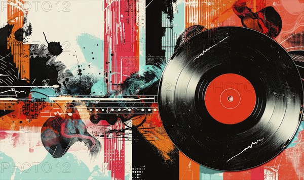 A colorful painting of a record with a black record on it. Multicolored abstract illustration. AI