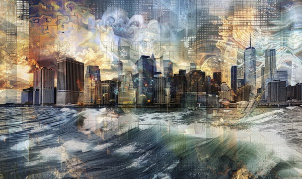 A painting of a city with a large body of water in the background. The city is lit up at night,