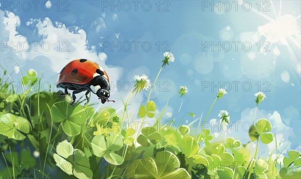A ladybug crawling on a clover leaf in a bright and cheerful nature scene with sunlight and blue