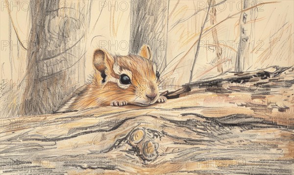 A small chipmunk is sitting on a log. The image has a calm and peaceful mood, as the chipmunk is