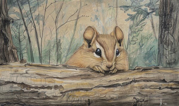A small brown chipmunk is sitting on a log in a forest. The scene is peaceful and serene, with the