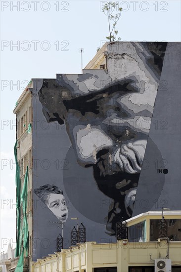 Old man and child looking at each other, two generations, symbol of the future, mural in scarlet