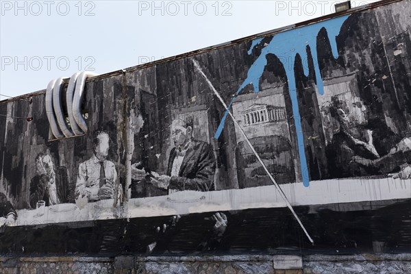 Last Supper in Athens, mural in black and white by Greek street artist INO, Gazi neighbourhood,
