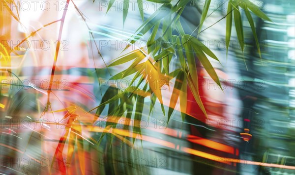 Abstract image with green bamboo leaves and vibrant orange light streaks creating a blurred effect