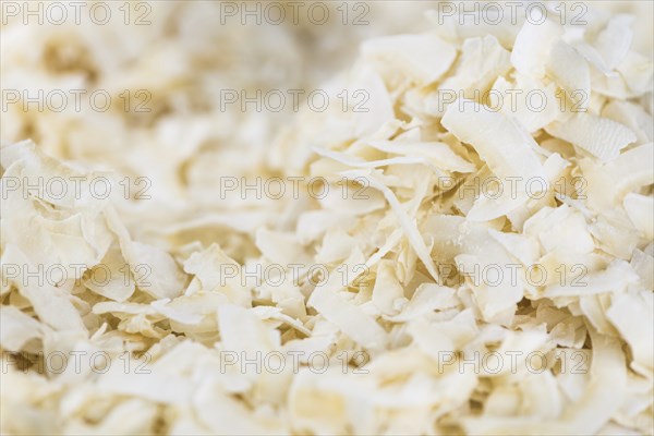 Fresh Coconut Flakes as detailed close-up shot (selective focus)