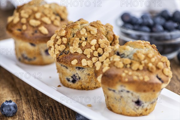 Some fresh Blueberry Muffins (selective focus, close-up shot)