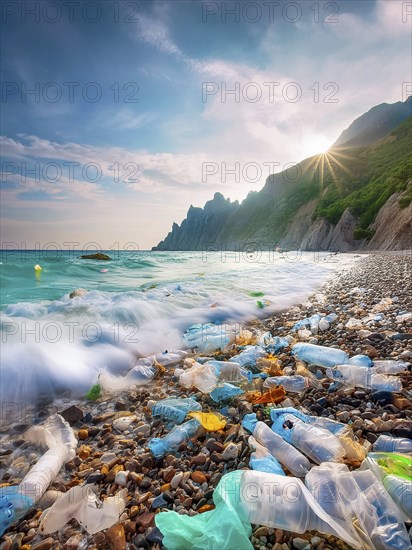 Dream beach polluted by washed up plastic waste, environmental pollution, plastic problem, AI