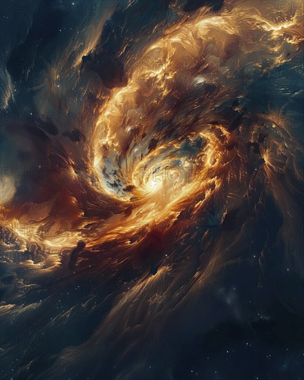 A dynamic scene of a swirling galaxy with a fiery nebula in a dark space setting, AI generated
