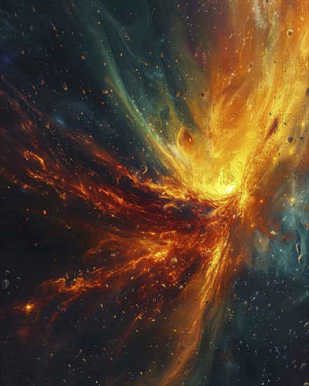 A colorful space scene showcasing an intense cosmic fire spreading across a nebula, AI generated