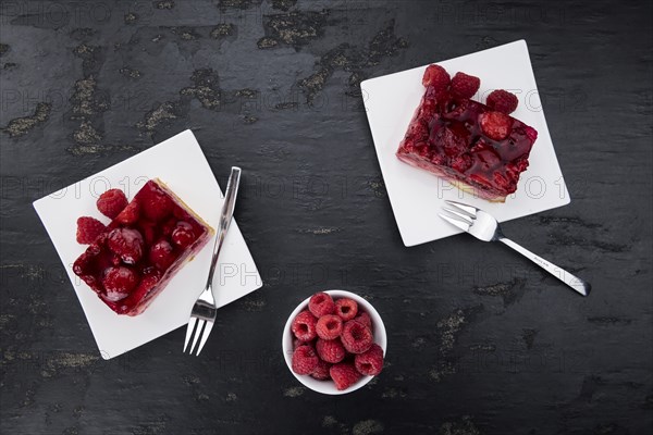 Fresh made Raspberry Cake on a rustic slate slab (close-up shot, selective focus)
