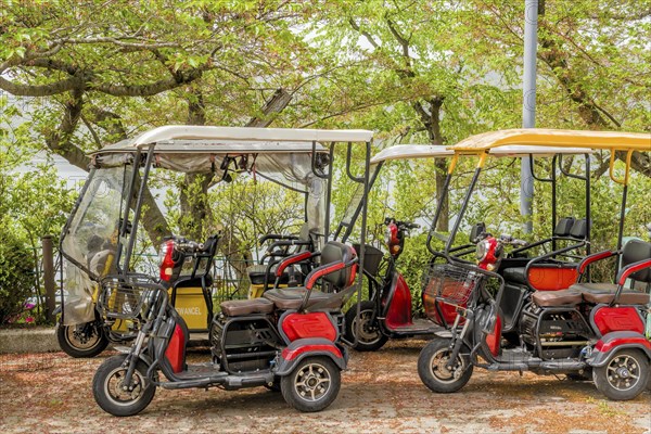 Electric golf carts parked among lush trees with a protective cover under a sunny sky, in Suncheon,
