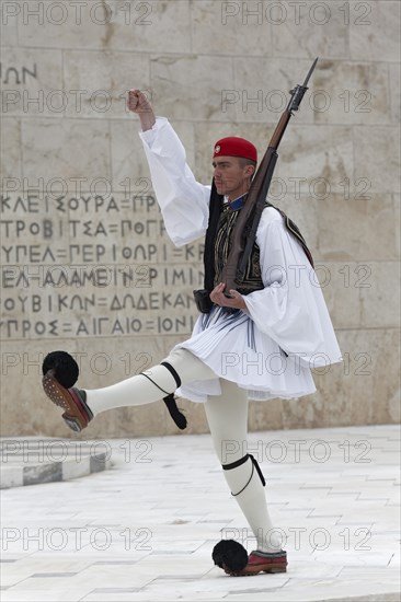 Evzone marching in front of the parliament building, Tomb of the Unknown Soldier, Syntagma Square,