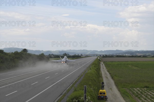 Swiss Air Force F/A 18 fighter aircraft take off and land on the A1 motorway during the Alpha Uno