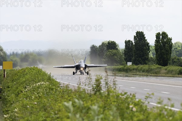 Swiss Air Force F/A 18 fighter aircraft take off and land on the A1 motorway during the Alpha Uno