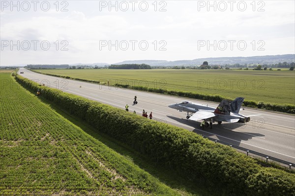 Swiss Air Force F/A 18 fighter aircraft take off and land on the A1 motorway during the Alpha Uno