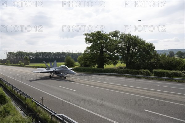Swiss Air Force F/A 18 fighter aircraft take off and land on the A1 motorway during the Alpha Uno