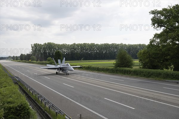 Swiss Air Force F/A 18 fighter aircraft take off and land on the A1 motorway during the Alpha Uno