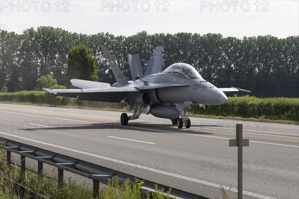 Swiss Air Force F/A 18 fighter aircraft take off and land on the A1 motorway during the Alpha Uno