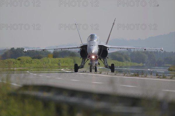 Swiss Air Force F/A 18 fighter aircraft take off and land on the A1 motorway during the Alpha Uno