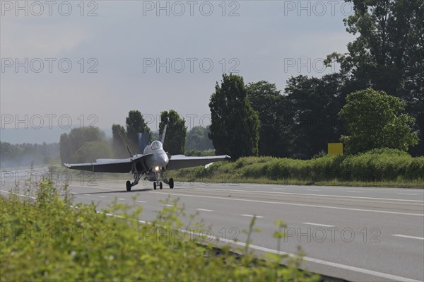 Swiss Air Force F/A 18 fighter aircraft take off and land on the A1 motorway during the Alpha Uno