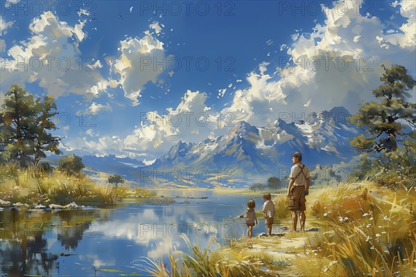 Illustration in the style of an oil painting. A man and two children are walking along the shore of