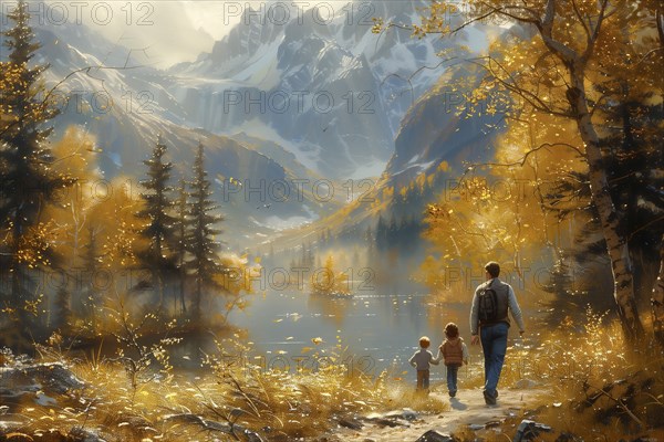 Illustration in the style of an oil painting. A man and two children are walking along the shore of