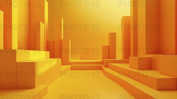 Warm abstract scene featuring glowing yellow and orange geometric shapes in a futuristic setting,