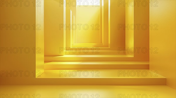 Abstract yellow staircase-like structure with geometric shapes and warm lighting, AI generated