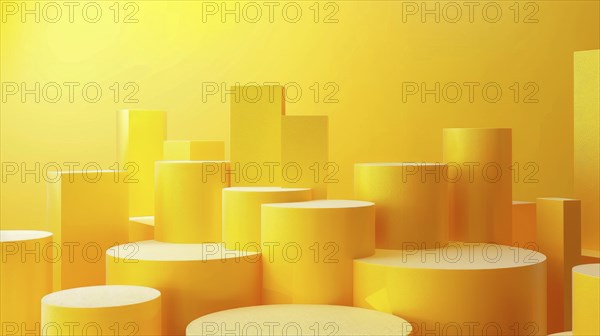 Vibrant abstract composition with layered yellow cylinders and geometric shapes, AI generated