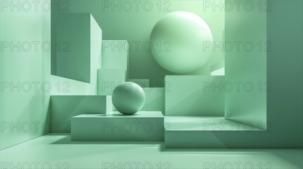 Minimalist abstract scene with green spheres and cubes arranged in geometric shapes, AI generated