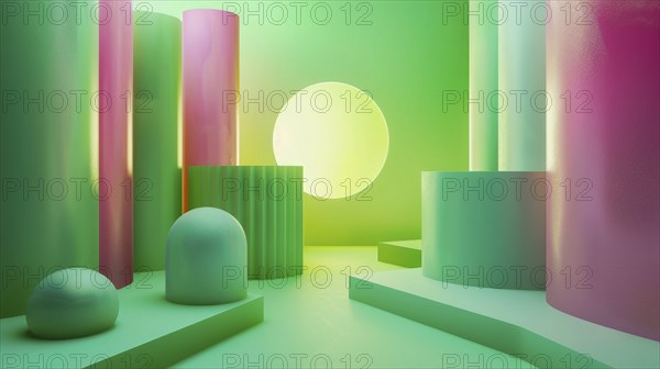 Futuristic abstract scene with glowing green and pink geometric shapes, soft atmospheric lighting,