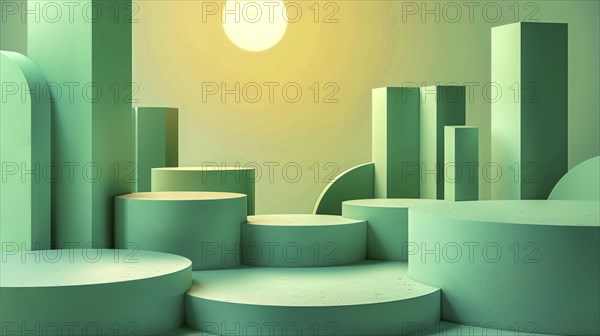 Minimalist geometric landscape with green cylindrical shapes and sunset-like lighting, AI generated
