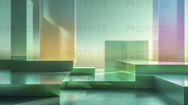 Abstract geometric landscape with glass-like structures and gradient colors creating a futuristic