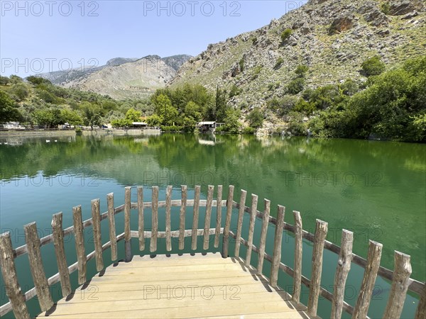 View of the small viewing platform at the front of an artificial lake created in 1987 on the edge