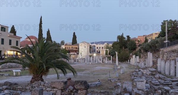 Roman Agora with Tower of the Winds, twilight, Plaka neighbourhood, Athens, Greece, Europe