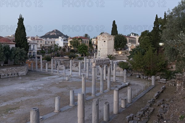 Roman Agora with Tower of the Winds, twilight, Plaka neighbourhood, Athens, Greece, Europe