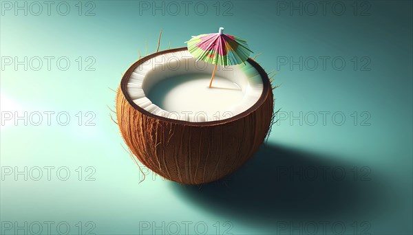 A coconut with a straw umbrella on top of it. The coconut is sitting on a blue background, AI