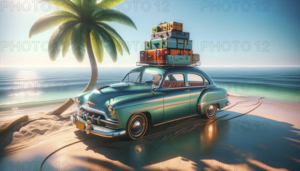 A blue car is parked on a beach with luggage on top of it. The car is a vintage model and the