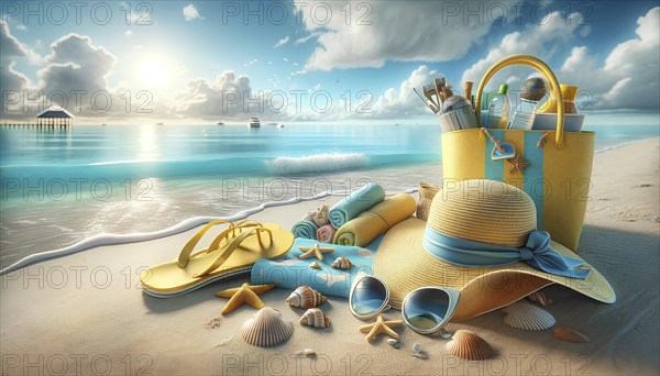 A beach scene with a yellow bag, a hat, and a pair of flip flops. The bag is filled with beach
