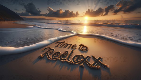 A beach scene with the words Time to Relax written in the sand. Concept of tranquility and leisure,